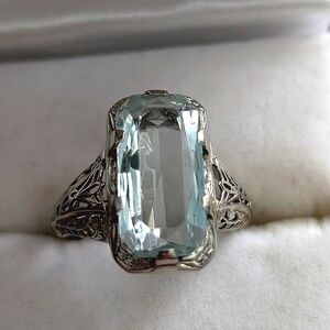 Art deco Filigree 14k White‎ Gold  Ring with Aquamarine